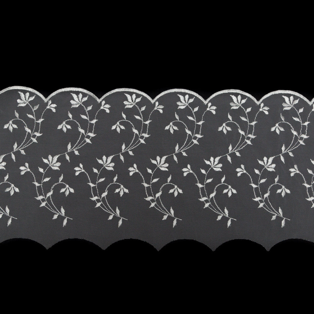 European White Scalloped Embroidery Lace on Mesh - 9.5