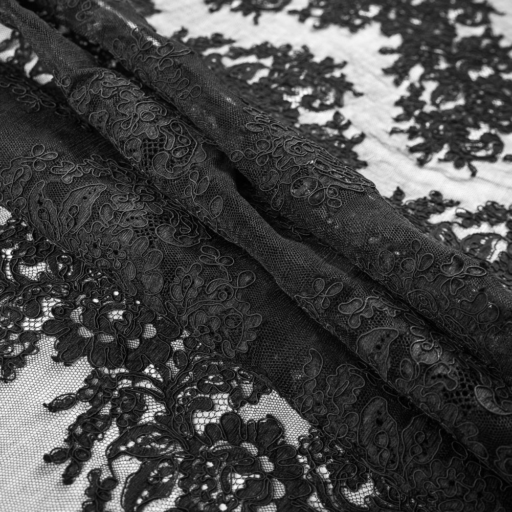 Fancy Corded Lace with Scalloped Eyelash Edges - Black Floral Chevrons - Joann Fabrics