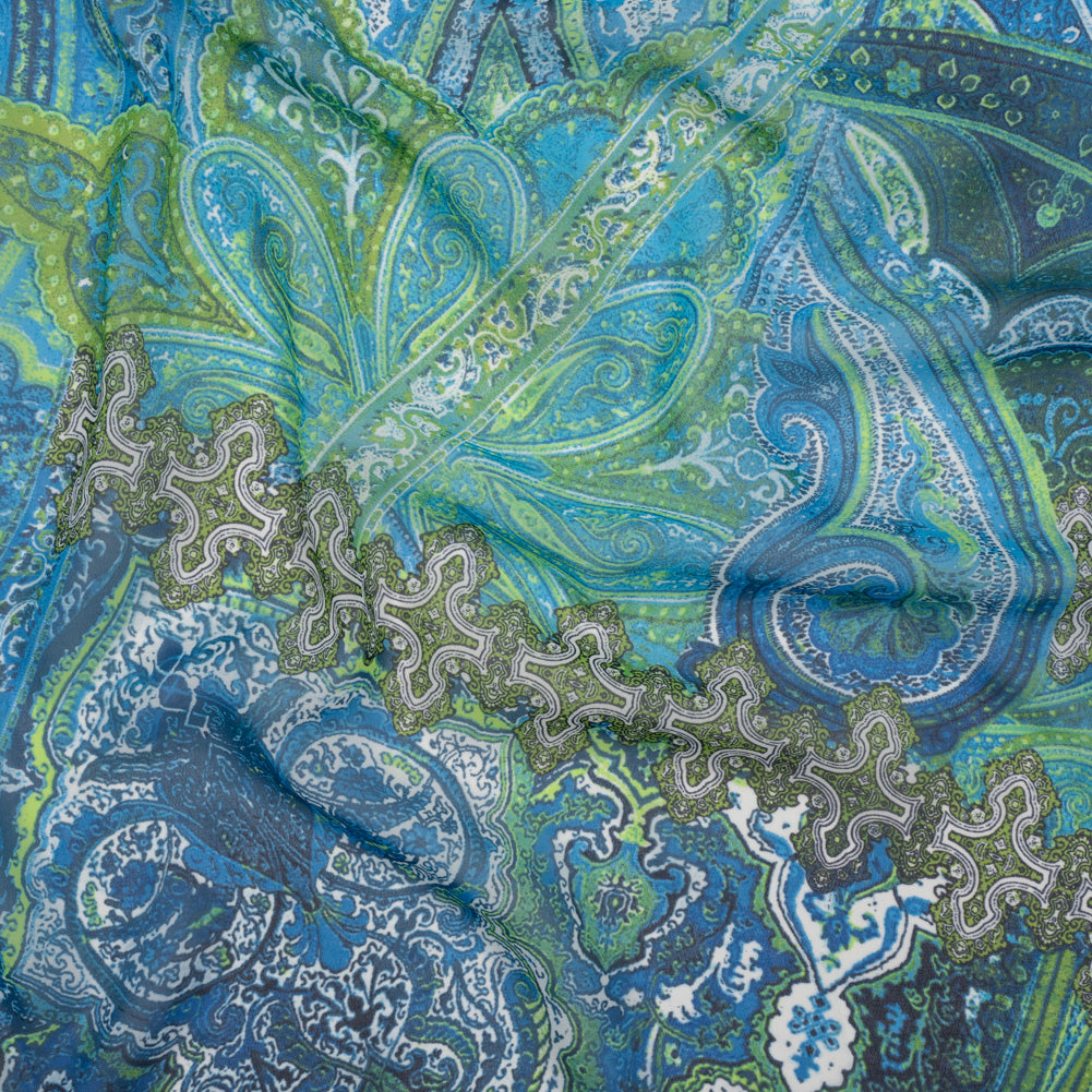 Polyester Chiffon - Blue and Green Ornate Paisley Patchwork - Designer Deadstock - Joann Fabrics