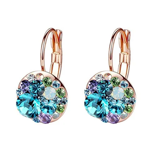 Multicolored Austrian Crystal Leverback Earrings for Women 14K Gold Plated Dangle Hoop Earrings Hypoallergenic Jewelry - Grocery