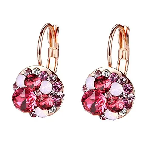 Multicolored Austrian Crystal Leverback Earrings for Women 14K Gold Plated Dangle Hoop Earrings Hypoallergenic Jewelry - Grocery