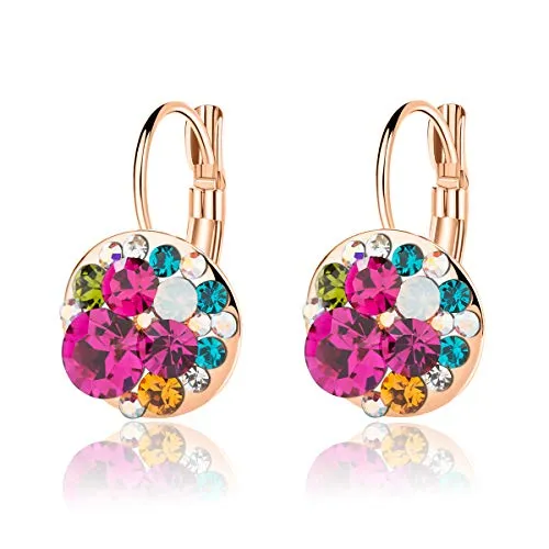 Multicolored Austrian Crystal Leverback Earrings for Women 14K Gold Plated Dangle Hoop Earrings Hypoallergenic Jewelry - Grocery