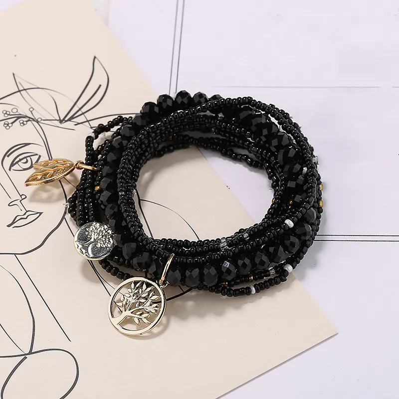 Stretch Beaded Bracelet Tree Of Life Pendant Multilayer Stackable Hand Bracelet Set Boho Style Jewelry Gift - Grocery