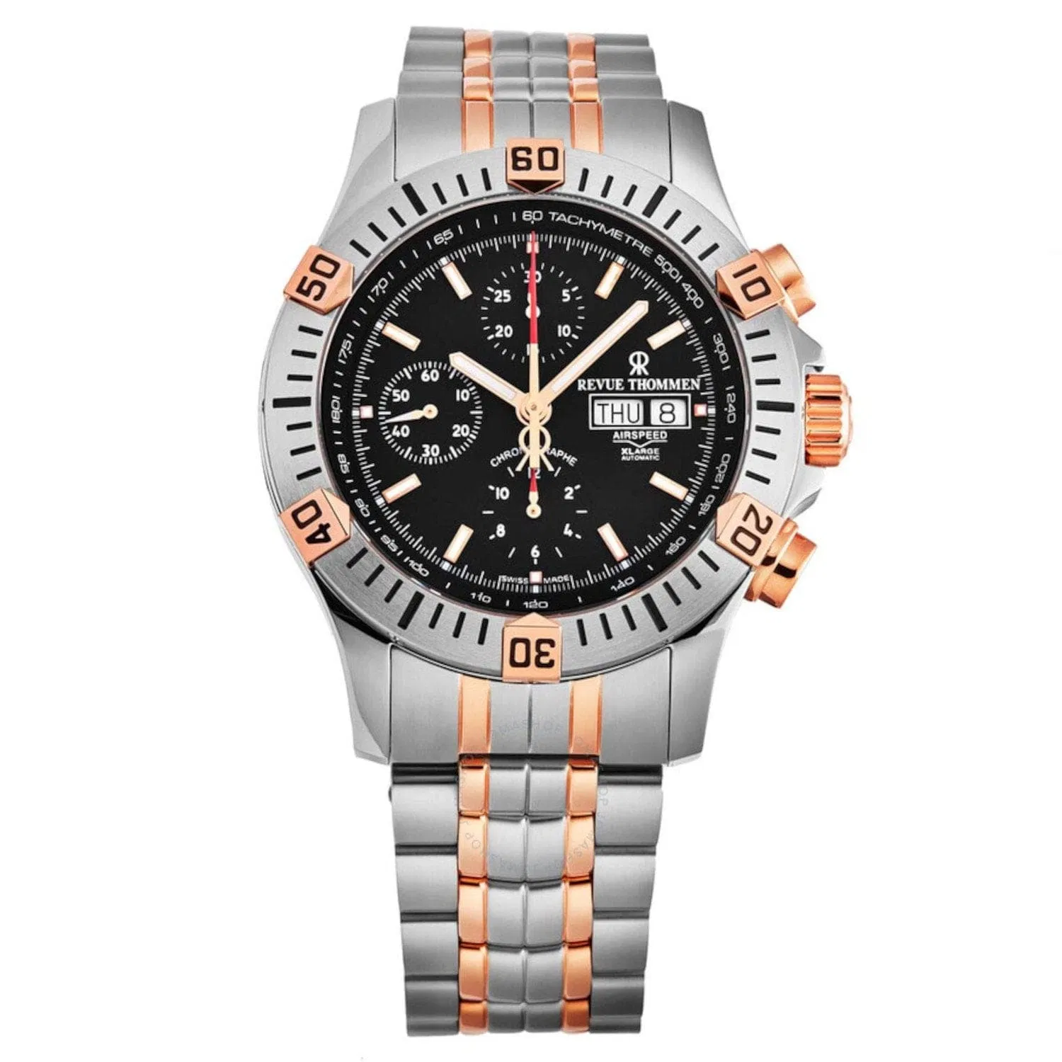 Revue Thommen 16071.6159 Men's 'Air speed' Black Dial Chronograph Day-Date Two-Tone Swiss Automatic Watch - Grocery