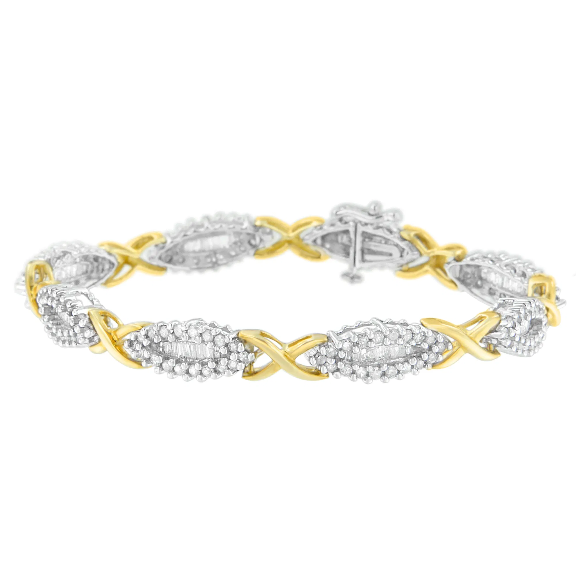 10K Two-Toned Round and Baguette-cut Diamond Bracelet (3 cttw, H-I Color, I2-I3 Clarity) - Grocery