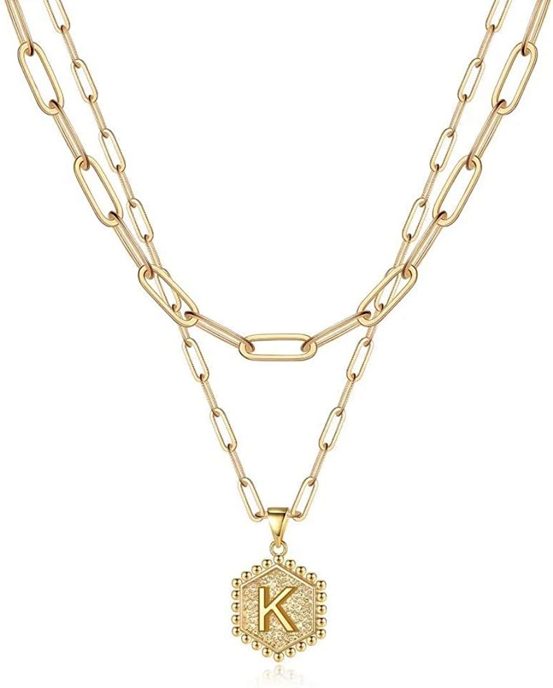 14K Gold Plated Paperclip Chain Necklace Simple Cute Hexagon Letter Pendant Initial Choker Necklace Gold Layered Necklaces for Women - Grocery