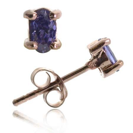 18K Rose Gold over Sterling Silver Tanznite CZ 5x3mm Oval Stud Earrings - Grocery