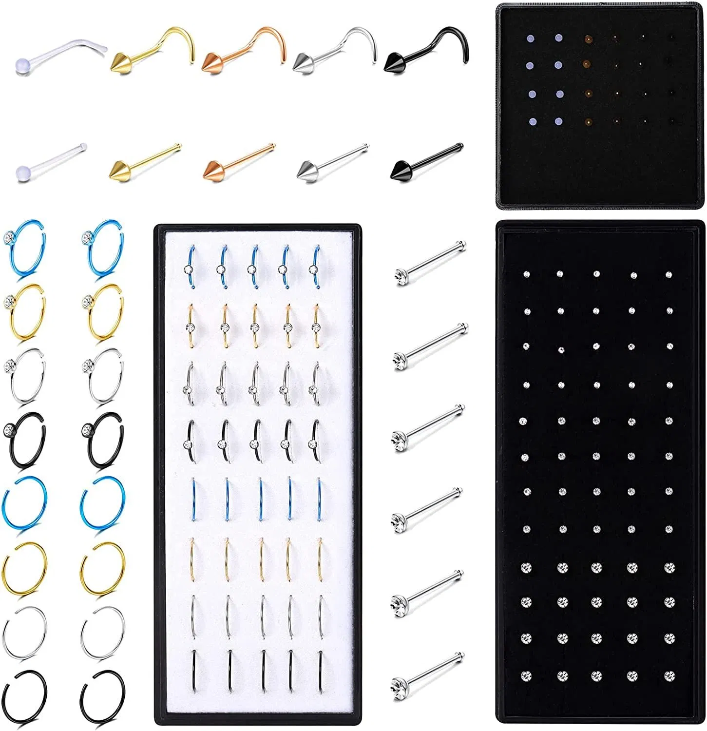 124Pcs Nose Rings Stud Stainless Nose Studs Ring Hoop for Women Men Nose Piercing Nose Rings Bone Studs Screw Piercing 20G 1.5mm 2mm 2.5mm - Grocery