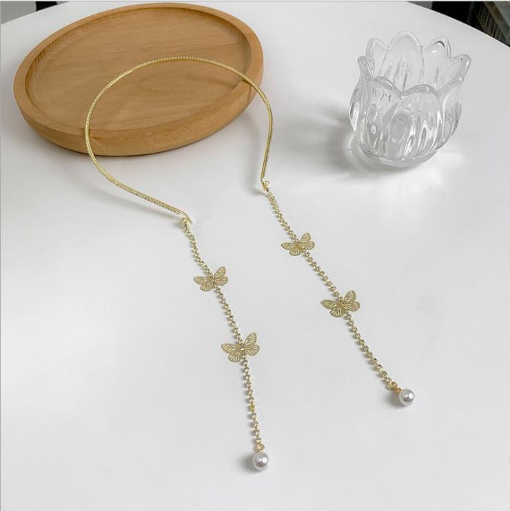 Butterfly Rhinestone Tassel Hoop Girl Hair Accessories - Grocery