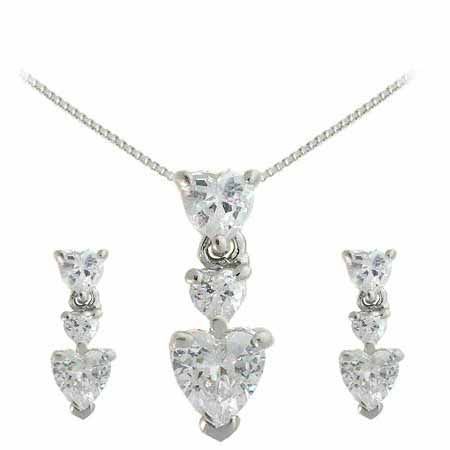 Sterling Silver Simulated Diamond cz Graduating Heart Earring and Slide Pendant Set - Grocery