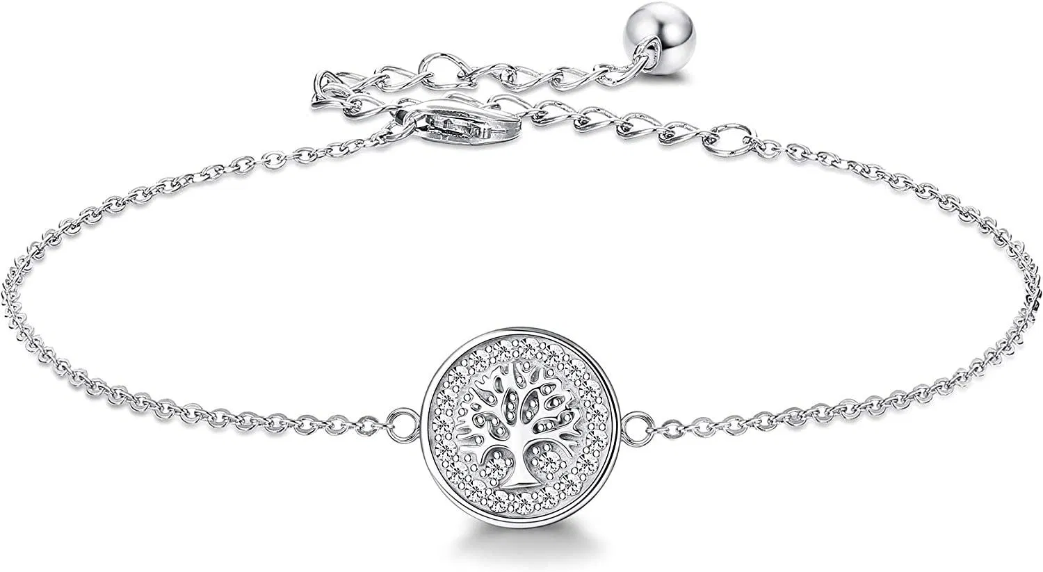 Tree of Life Bracelet 925 Sterling Silver Cubic Zirconia Bracelet for Women White Gold Plated Adjustable Bracelet 18+5CM - Grocery