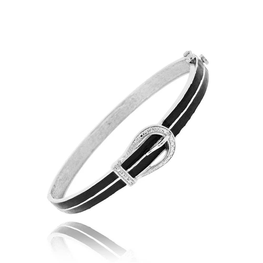 Rhodium Plated Diamond Accent & Black Enamel Belt Buckle Bangle Bracelet - Grocery