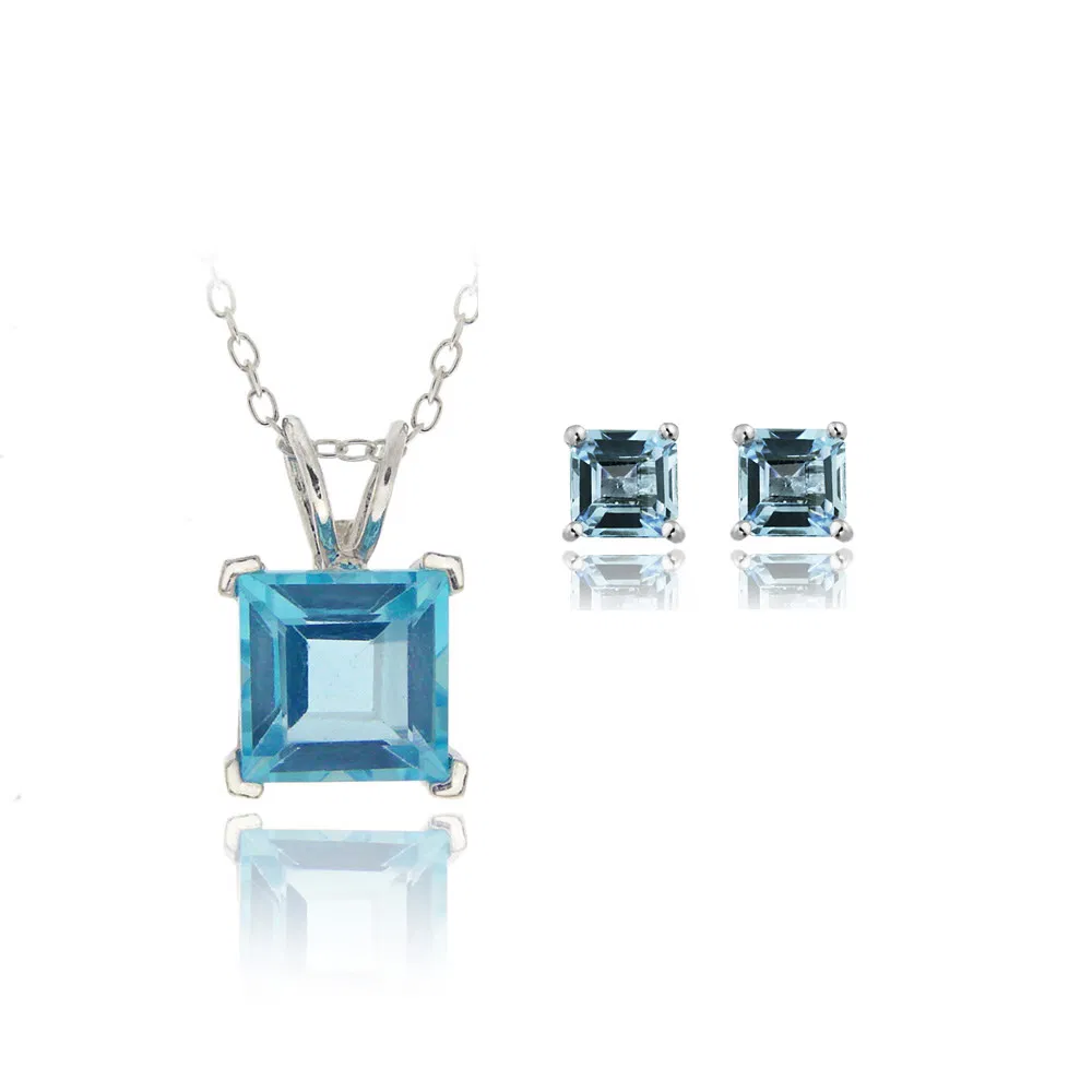 Sterling Silver 3.65ct Swiss Blue Topaz Square Solitaire Pendant & Stud Earrings Set - Grocery