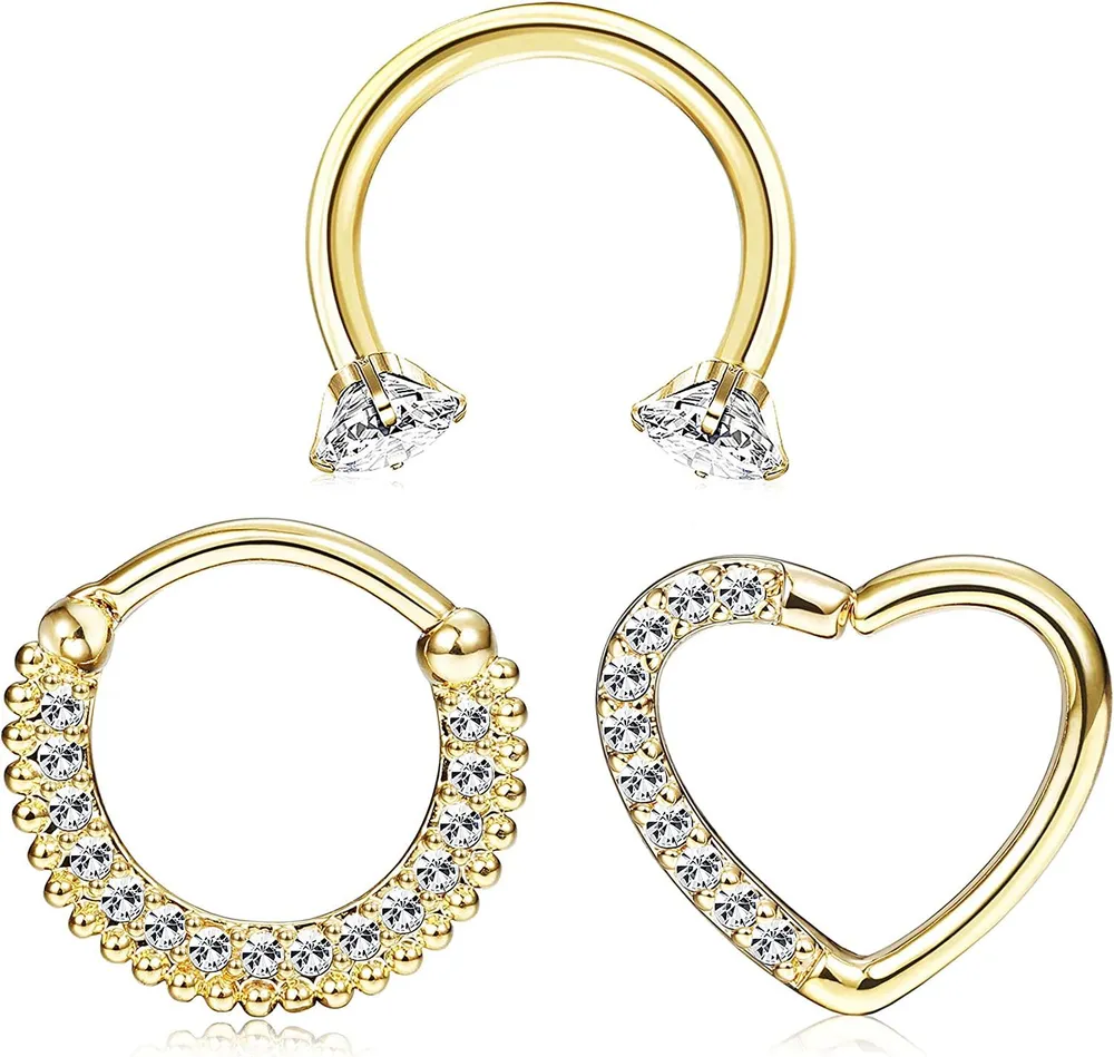 Stainless Body Piercing Nose Rings Daith Cartilage Clicker Hoop Septum Piercings Cubic Zirconia 3Pcs - Grocery