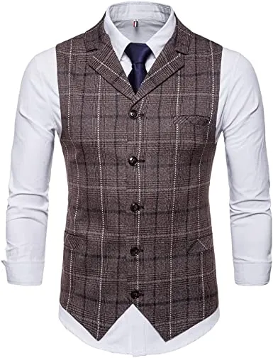 Men's Classic Vintage Plaid Casual Suit Vest Single Breasted Vest - Grocery