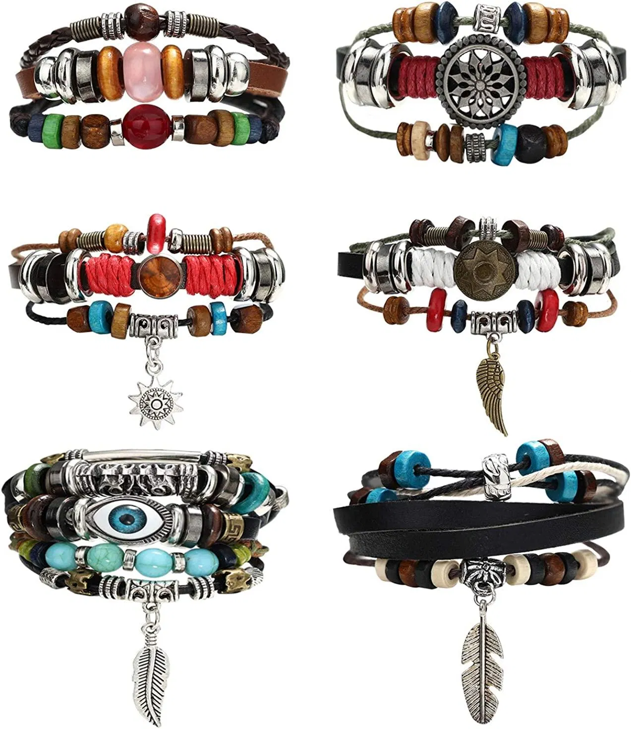 6 Pcs Leather Bracelet for Men Women Multilayer Braided Tribal Wristbands Charm Ethnic Wood Beaded Bracelets Adjustable - Grocery