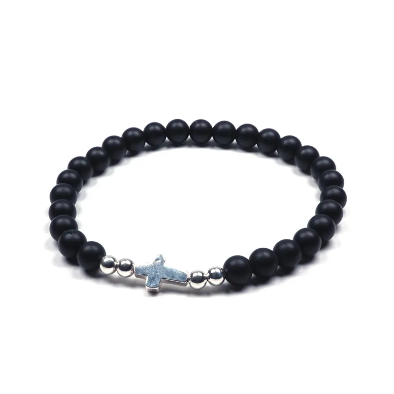 925 Sterling Silver Cross Natural Frosted Agate Versatile Minimal Bracelet - Grocery
