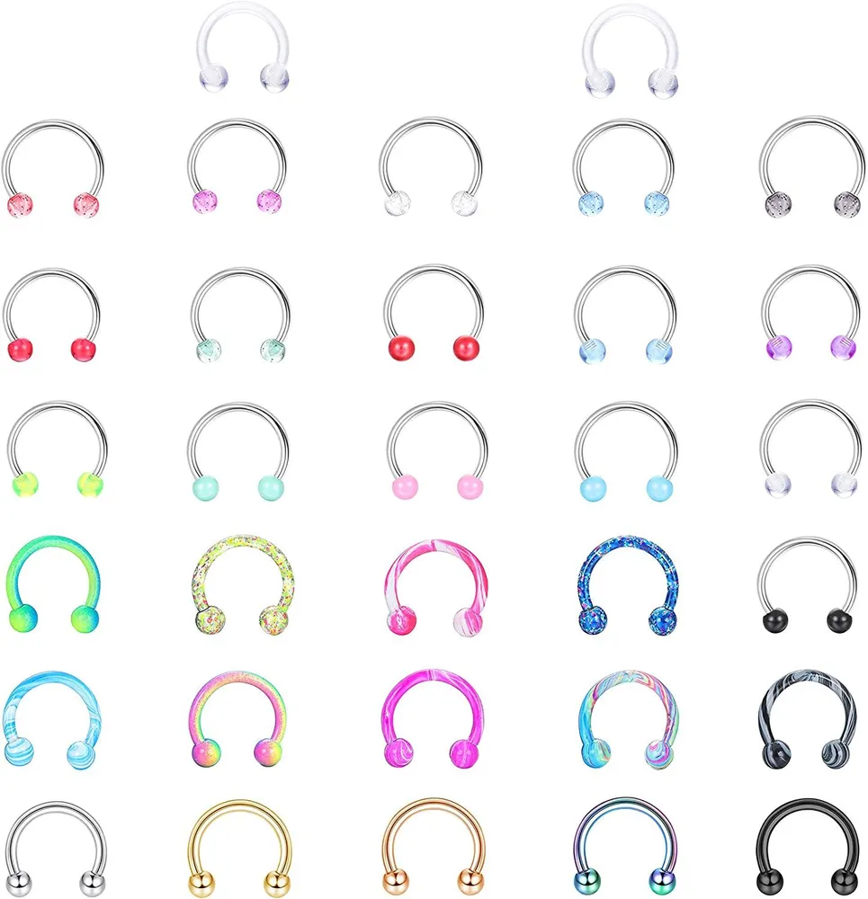 16G Surgical Horseshoe Nose Septum Rings for Women Men Lip Piercing Cartilage Helix Tragus Earring Nose Ring Hoop 8mm 10mm Septum Piercing 32 Pcs - Grocery