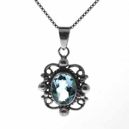 Sterling Silver Blue Topaz Filigree Oval Pendant - Grocery