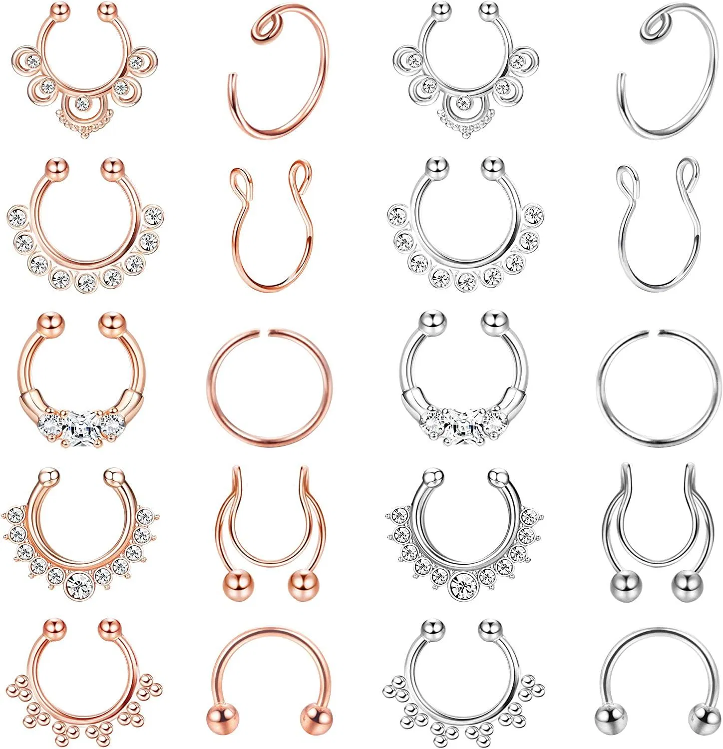 20Pcs Fake Septum Nose Hoop Rings for Women Men CZ Nose Hoop Rings Clip On Adjustable Fake Lip Ear Nose Non-Pierced Hoop Rings Surgical Steel - Grocery