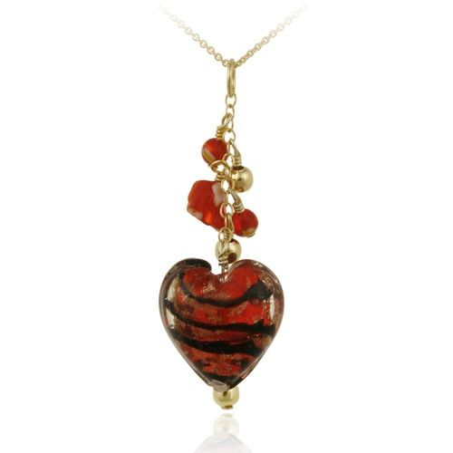 18K Gold over Sterling Silver Red Glass Cluster Heart Pendant - Grocery