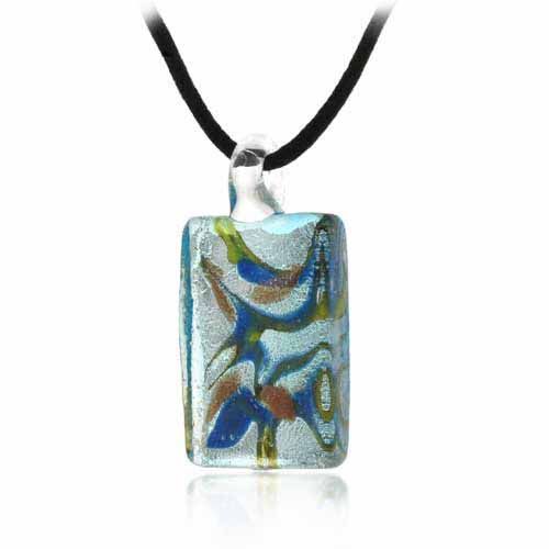 Murano Glass Bronze Silver Color Glitter, Aqua Blue, Green Mini Rectangle Silk Pendant Necklace - Grocery