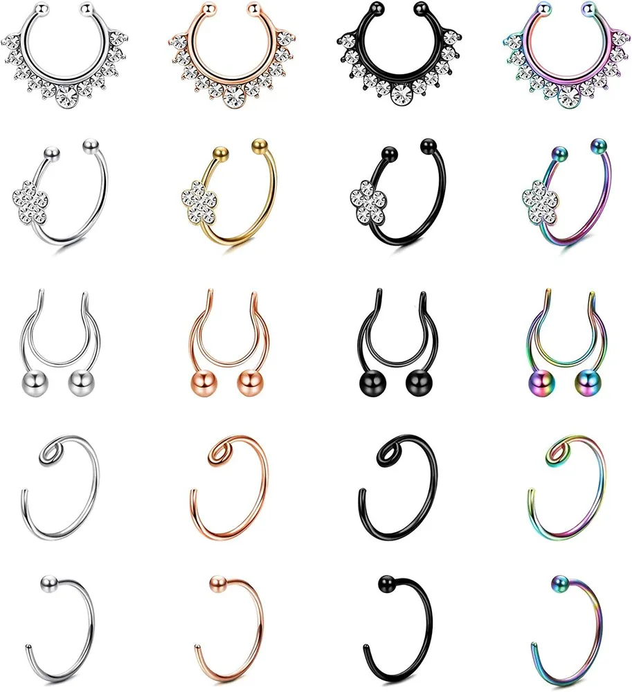 12Pcs Fake Septum Ring Stainless Fake Septum Nose Rings Double Hoop Clip On Horseshoe Bull CZ Nose Ring Hoop for Men Women Non Piercing Jewelry - Grocery