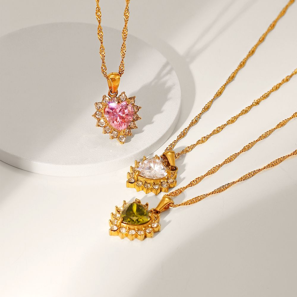 Women's Zircon Heart Necklace Stainless Steel Jewelry 18k Gold Chain Necklace Shiny Green/pink/white Pendant Necklace - Grocery