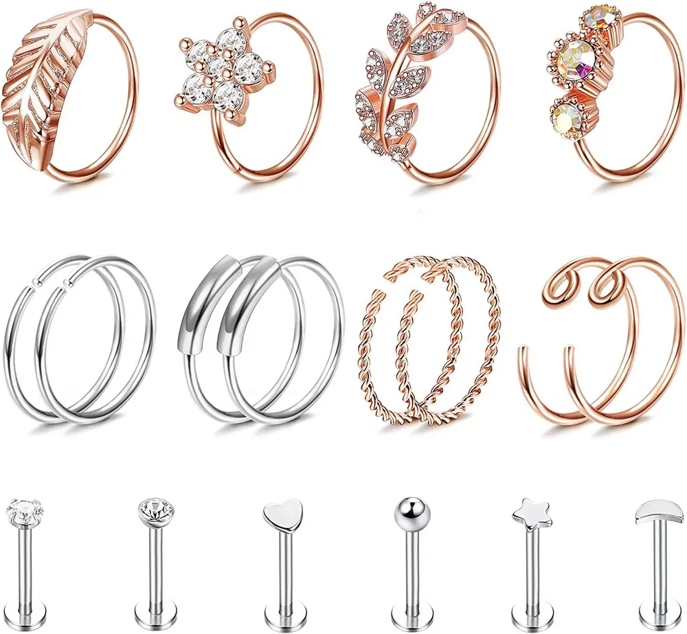 18pcs Nose Rings Hoop Stainless Cartilage Earring Studs Nose Lip Rings Helix Tragus Daith Lobe Earrings CZ Nose Ear Piercing for Women Men 20G - Grocery