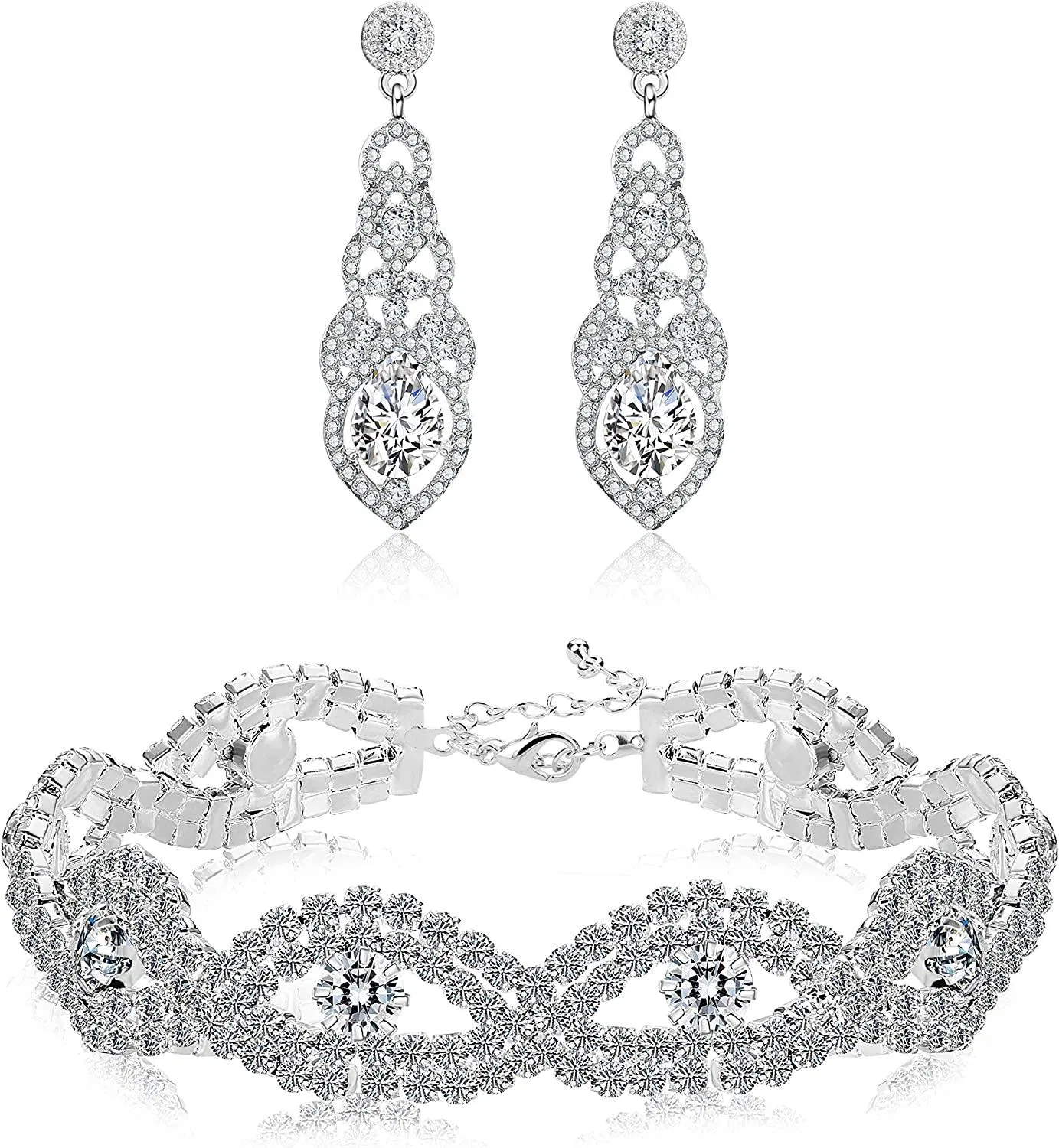 Bridal Wedding Jewelry Set for Women Bracelets and Dangle Teardrop Earrings Set for Women Jewelry Made with Clear Crystals - Grocery