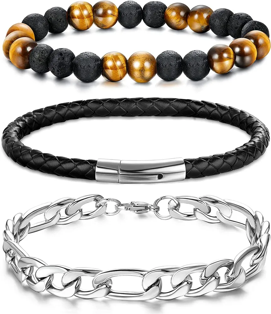 3PCS Braided Leather Bracelet for Men Women Stainless Magnetic Closure Wrist Cuff Bracelet Tiger Eye Bead Bracelets Stainless Cuban Chain Bracelets 23cm - Grocery