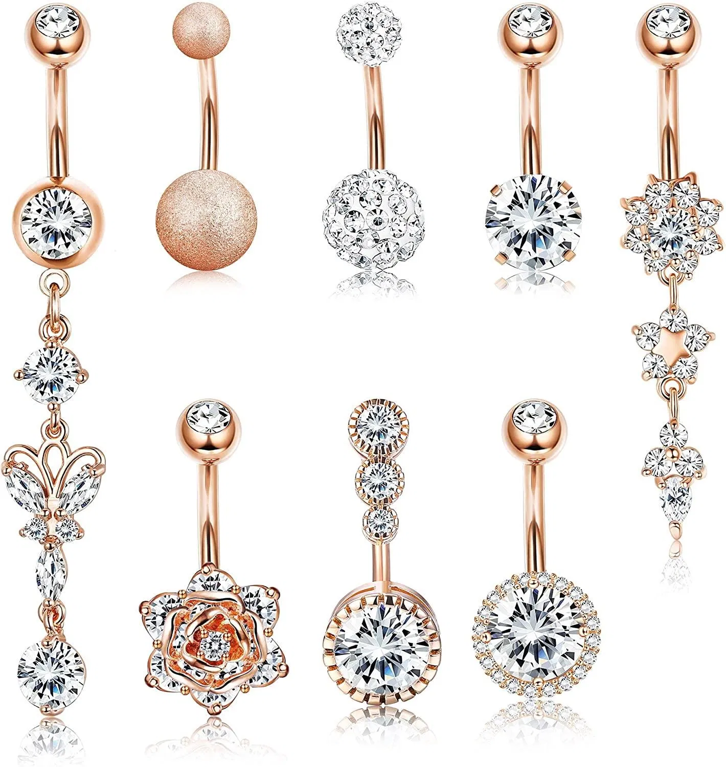 8pcs Belly Button Rings Dangle 316L Stainless Belly Navel Rings Curved Barbell CZ Gold Rose Gold Body Piercing for Women Men 14G - Grocery
