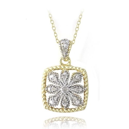 18K Gold over Sterling Silver Two Tone 1/10ct Diamond Square Filigree Necklace - Grocery