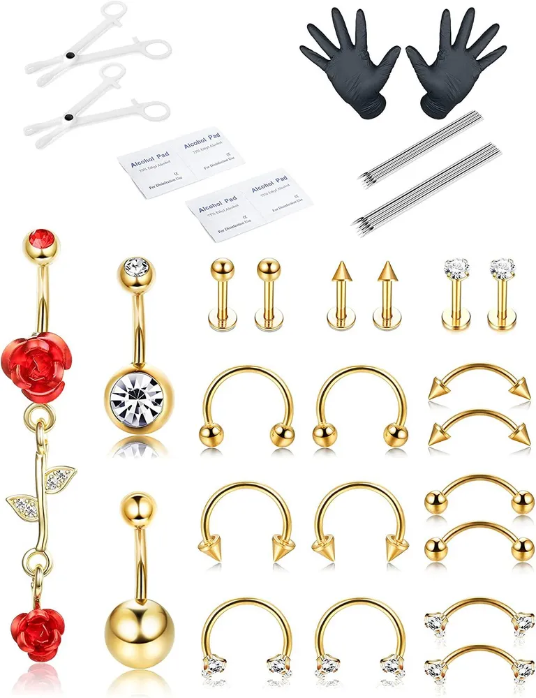 21PCS Professional Piercing Kit Stainless 14G 16G Belly Button Rings Septum Nose Lip Labret Eyebrow Cartilage Tragus Rings Body Piercing Tools - Grocery
