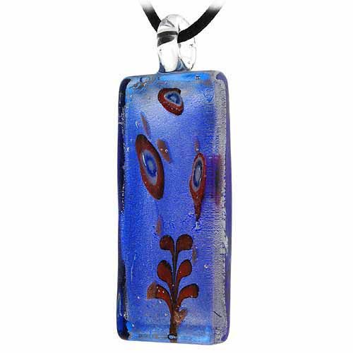 Murano Glass Coral Reef Ocean design Orange Blue Silver Glitter Rectangle Silk Pendant Necklace - Grocery