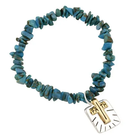 Sterling Silver & Turquoise Chip Inspirational Stretch Bracelet - Grocery