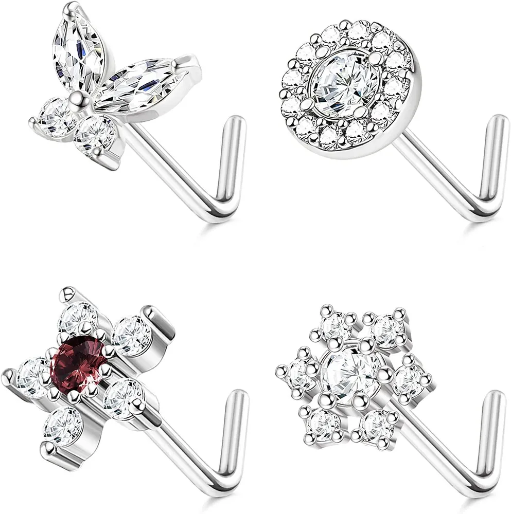 4Pc 925 Sterling Nose Studs Women Men 20G L Shape Nose Rings CZ Moon Star Flower Butterfly Screw Nose Piercing Jewelry - Grocery