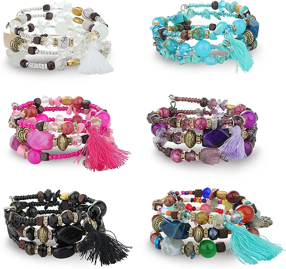 6Sets Bohemian Stackable Bead Bracelets for Women Multilayer Tassel Bracelet Set Stretch Bangles Beaded Bracelet Women Gifts - Grocery
