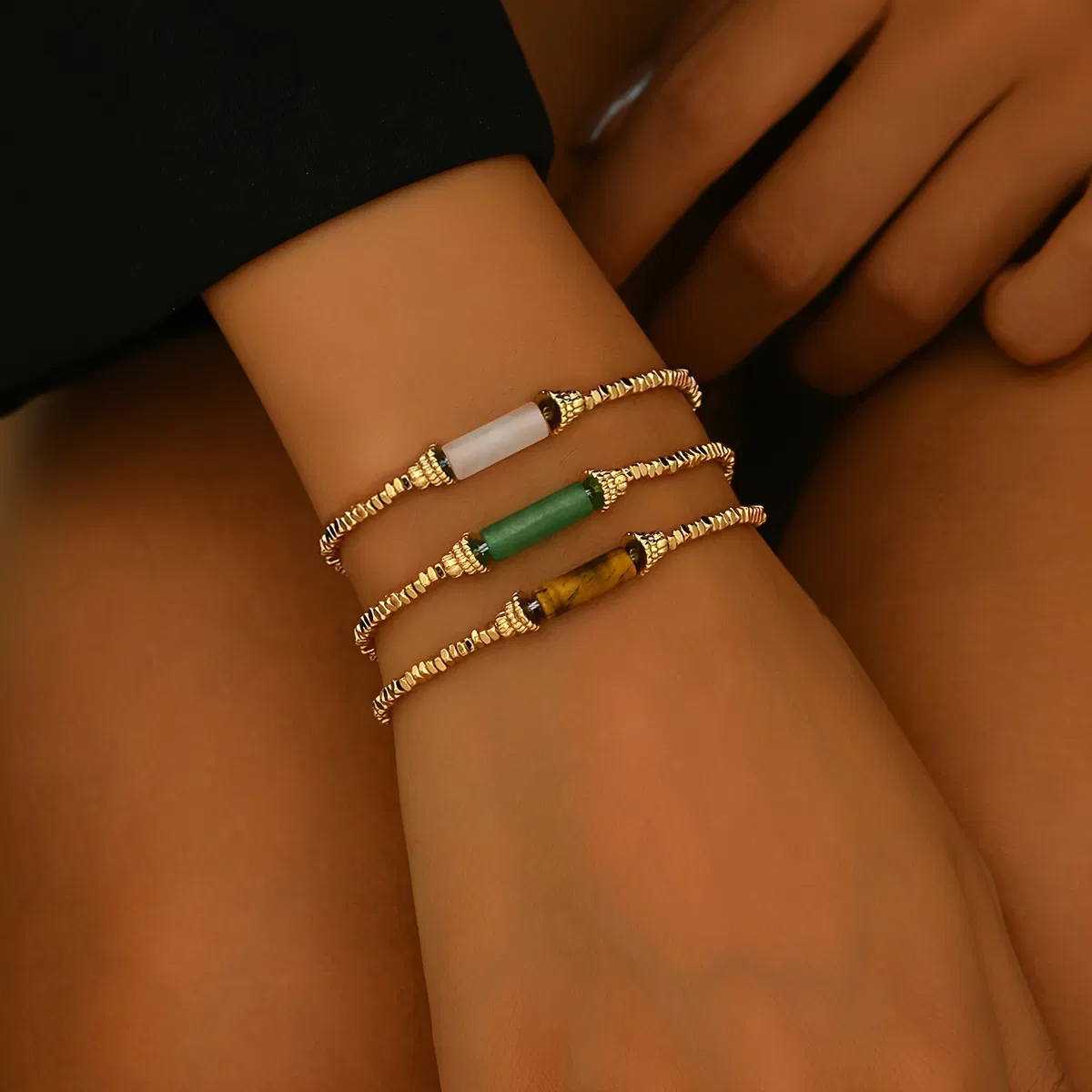 Chic Gold-Tone Beaded Bracelet Set - Boho Style Stackable Bangles with Colorful Accents - Grocery