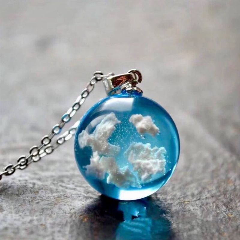 Blue Sky White Cloud Necklace Transparent Ball Shape Resin Pendant Necklace - Grocery