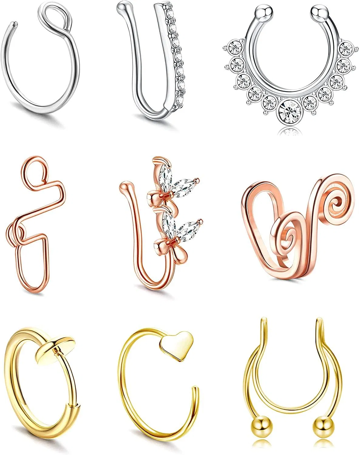9 Pcs African Fake Nose Rings for Women Men Stainless Inlaid CZ Adjustable Septum Nose Faux Cuff Clip-on Nose Ear Non Piercing - Grocery