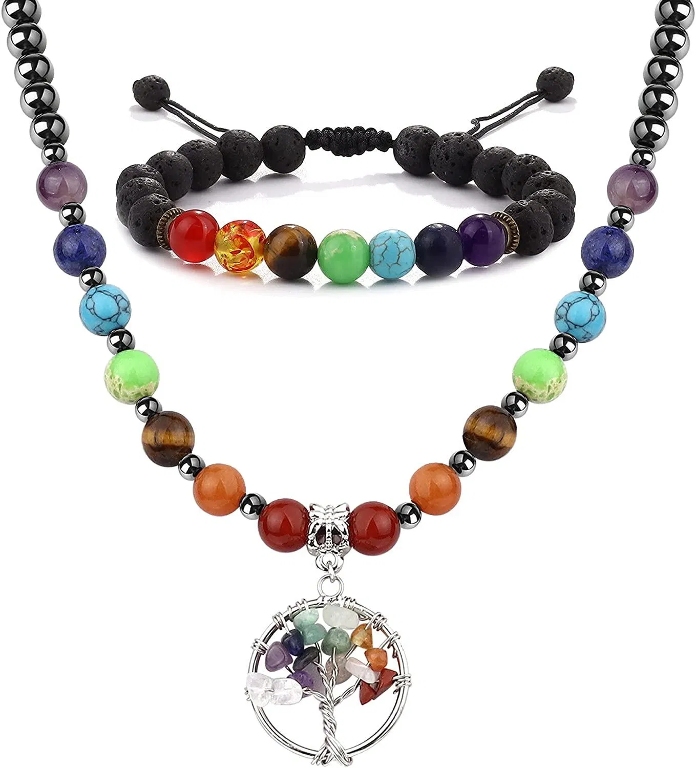 Women Men's 7 Chakra Necklace Bracelet Set Healing Crystal Energy Lava Stone Beads Yoga Meditation Pendant Necklace Bracelet Jewelry - Grocery