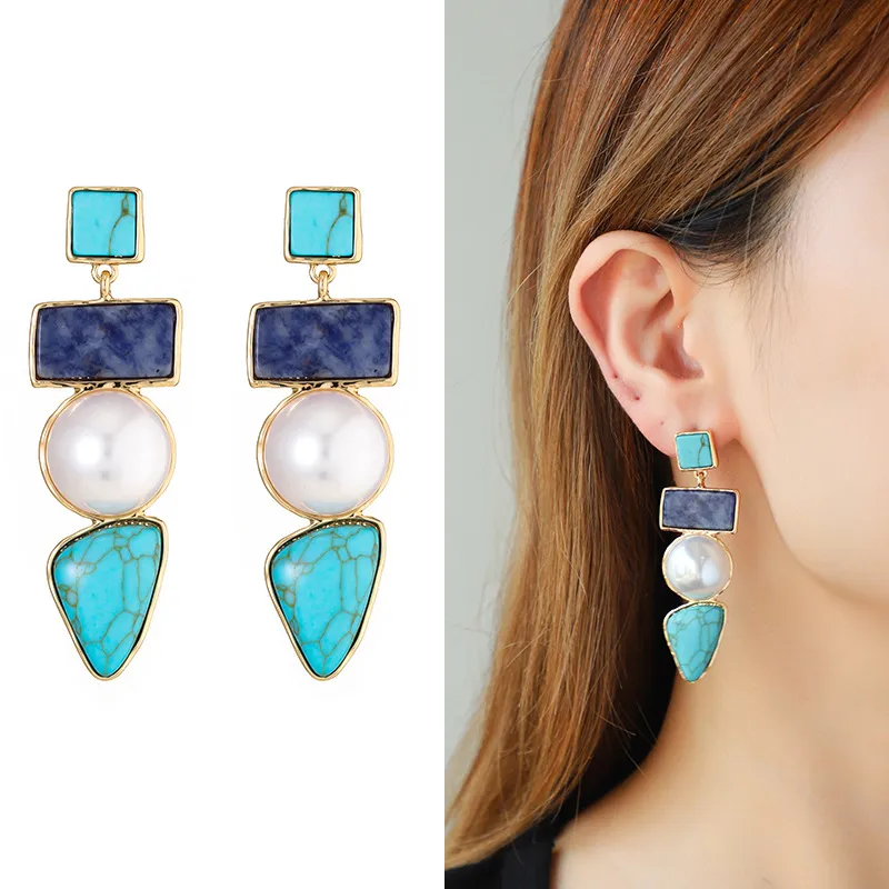 Hip Hop Style Faux Turquoise Pendant Stacked Necklace Set Earrings Ladies Fashion Earrings - Grocery