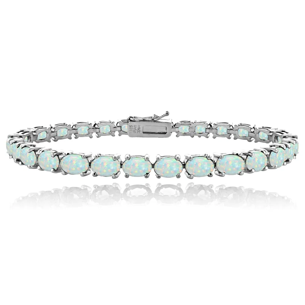 Sterling Silver 5.15ct Created White Opal 6x4mm Oval Tennis Bracelet - Grocery