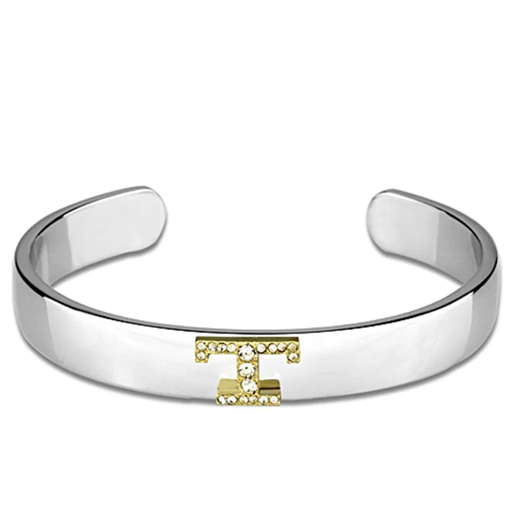 LO3630 - Reverse Two-Tone White Metal Bangle with Top Grade Crystal in Clear - Grocery