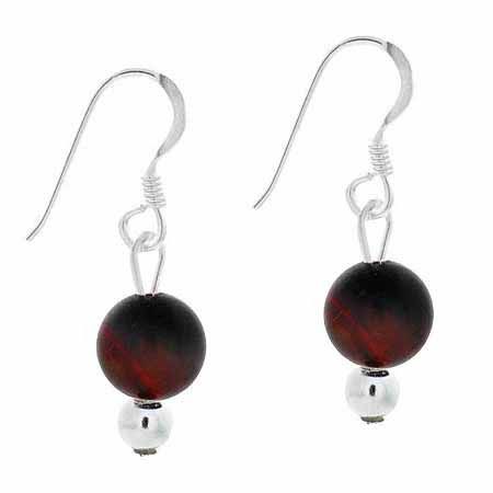 Sterling Silver 6mm Genuine Red Tiger Eye Stone Bead Beaded Dangle Hook Earrings - Grocery