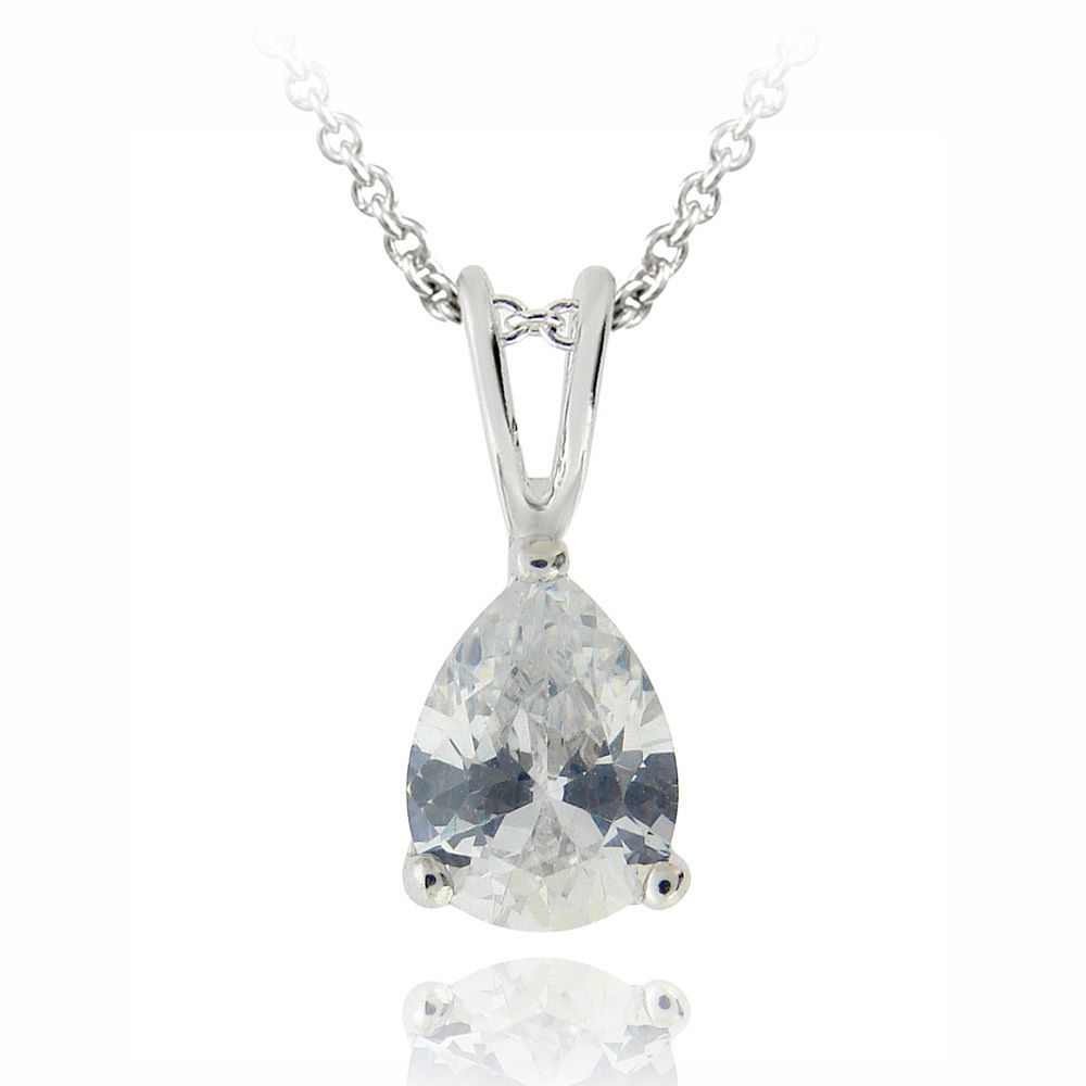 Silver Tone 1ct CZ Teardrop Solitaire Necklace, 8x6mm - Grocery