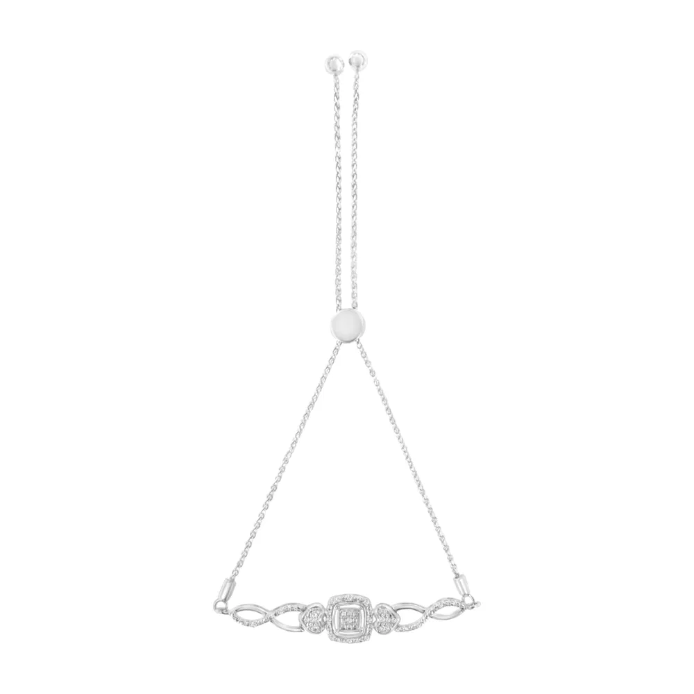 .925 Sterling Silver Diamond Cushion Frame Heart-Sides Twist 4'-10' Adjustable Bolo Tennis Bolo Bracelet (I-J Color, I3 Clarity) - Grocery