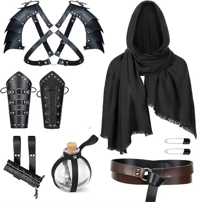 Medieval Knight Leather Men Renaissance Half Shoulder Cape Scarf Buckle Bracers - Grocery
