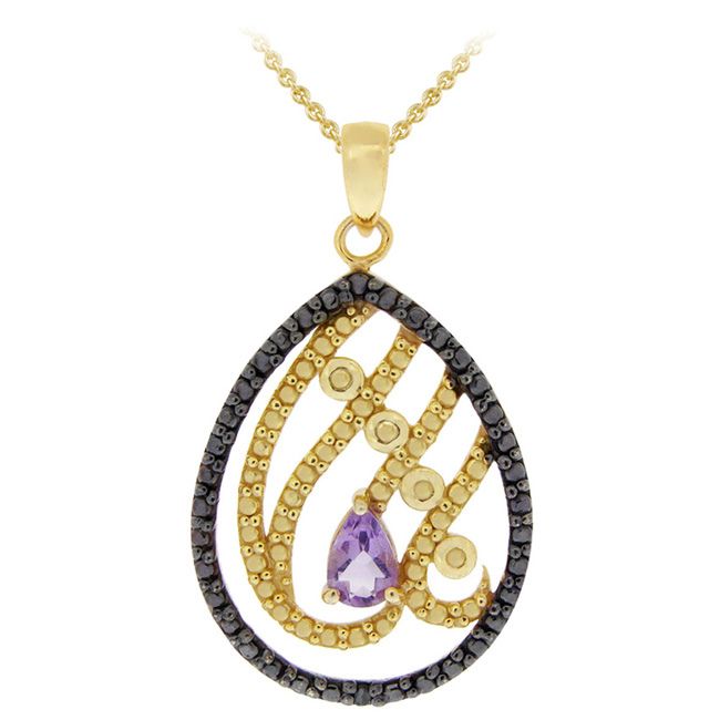 18K Gold over Sterling Silver Amethyst & Black Diamond Accent Teardrop Pendant - Grocery